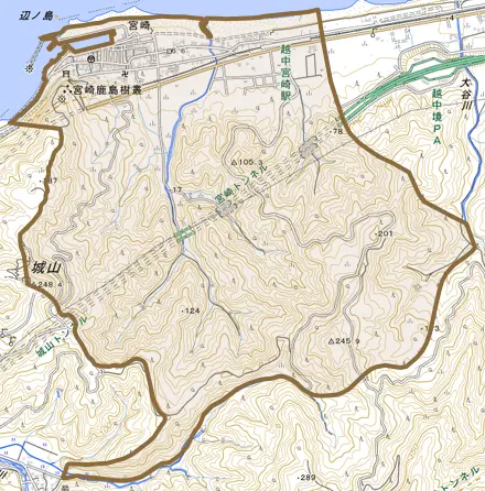 宮崎とその周辺の地図。町の範囲を重ねている