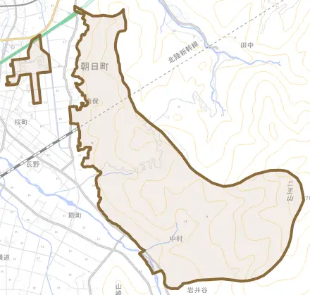 南保とその周辺の地図。町の範囲を重ねている