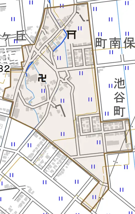 南保町とその周辺の地図。町の範囲を重ねている