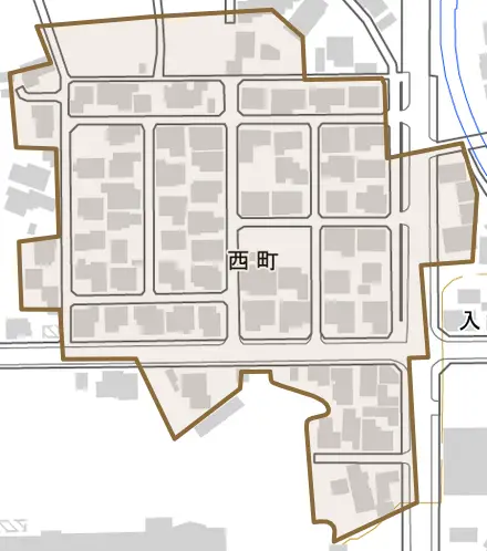 西町とその周辺の地図。町の範囲を重ねている