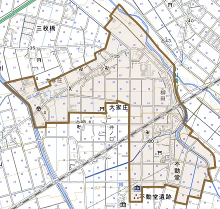 大家庄とその周辺の地図。町の範囲を重ねている