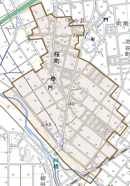 桜町とその周辺の地図。町の範囲を重ねている