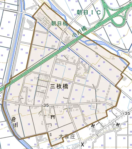 三枚橋とその周辺の地図。町の範囲を重ねている