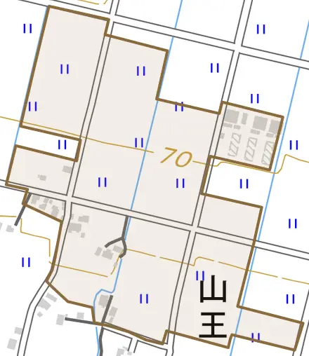 山王とその周辺の地図。町の範囲を重ねている
