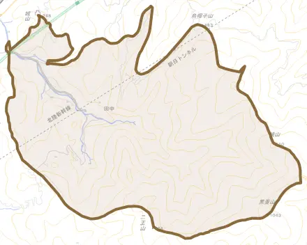 笹川とその周辺の地図。町の範囲を重ねている