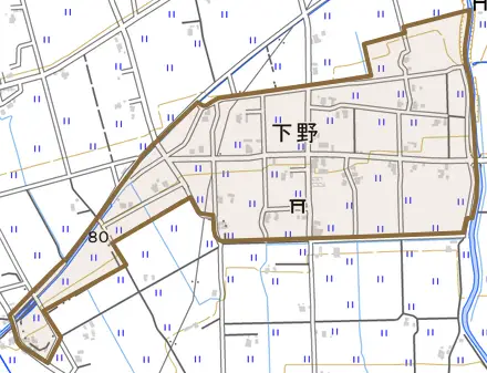 下野とその周辺の地図。町の範囲を重ねている