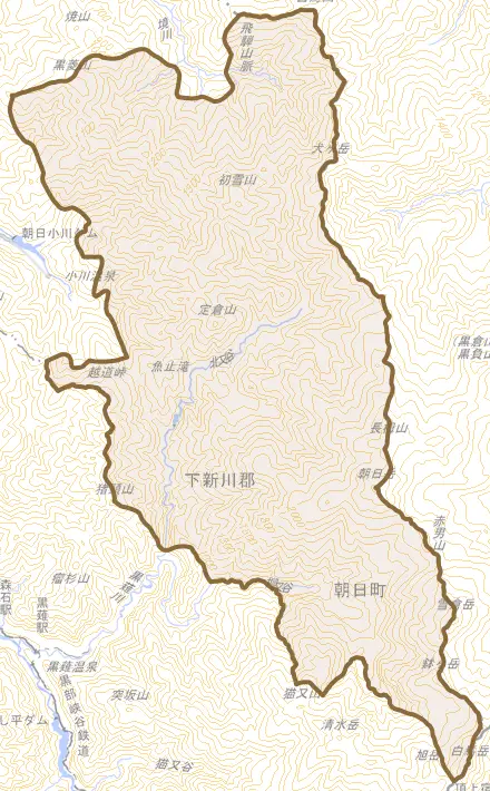 大蓮華とその周辺の地図。町の範囲を重ねている