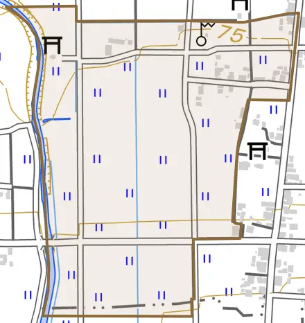 横道とその周辺の地図。町の範囲を重ねている