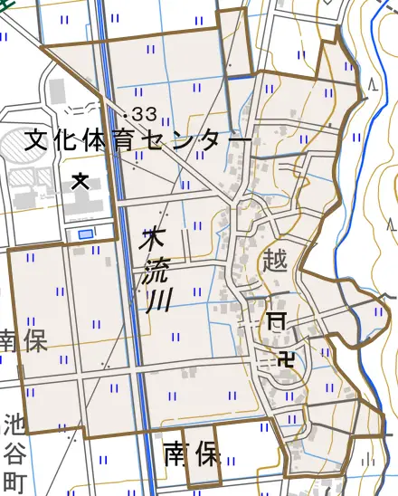 越とその周辺の地図。町の範囲を重ねている