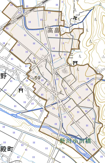 高畠とその周辺の地図。町の範囲を重ねている