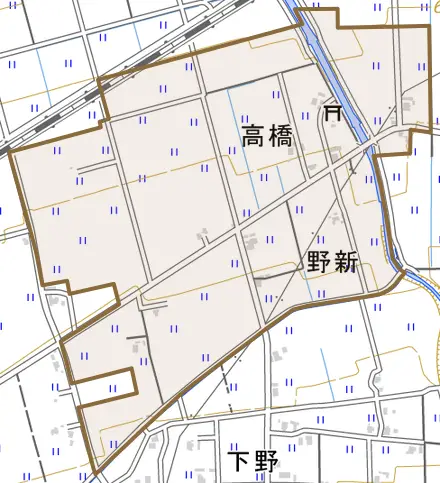 高橋とその周辺の地図。町の範囲を重ねている