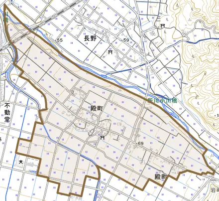 殿町とその周辺の地図。町の範囲を重ねている