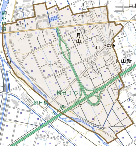 月山とその周辺の地図。町の範囲を重ねている