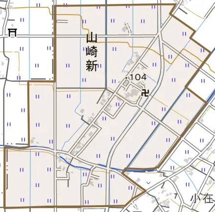 山崎新とその周辺の地図。町の範囲を重ねている