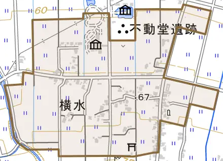 横水とその周辺の地図。町の範囲を重ねている