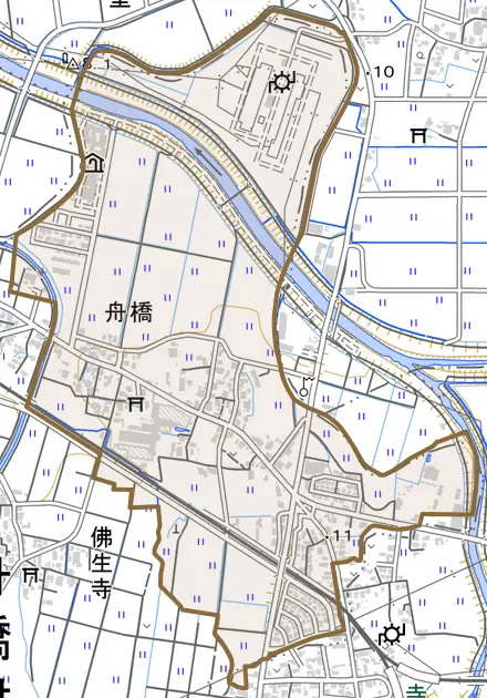 舟橋とその周辺の地図。町の範囲を重ねている