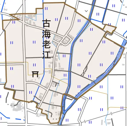 古海老江とその周辺の地図。町の範囲を重ねている