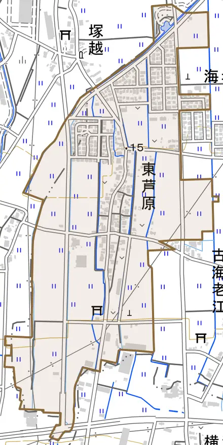 東芦原とその周辺の地図。町の範囲を重ねている
