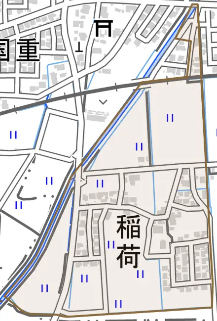 稲荷とその周辺の地図。町の範囲を重ねている
