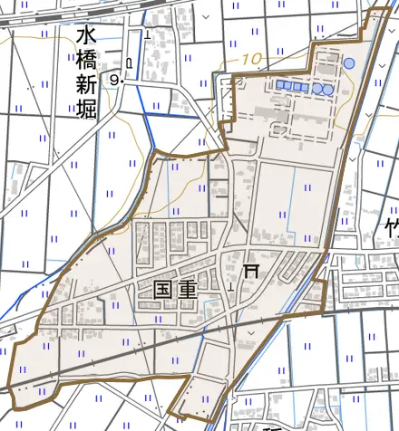 国重とその周辺の地図。町の範囲を重ねている