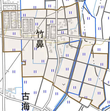 竹鼻とその周辺の地図。町の範囲を重ねている