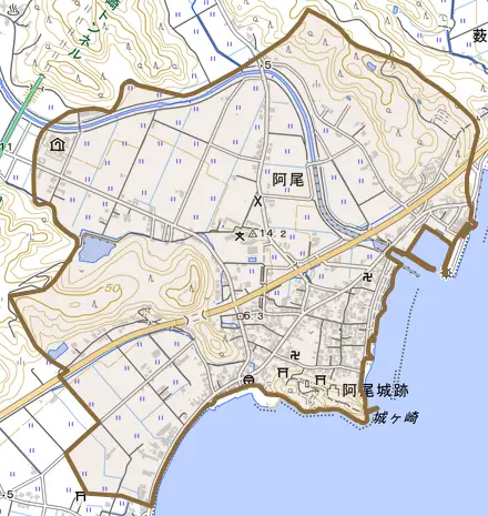 阿尾とその周辺の地図。町の範囲を重ねている