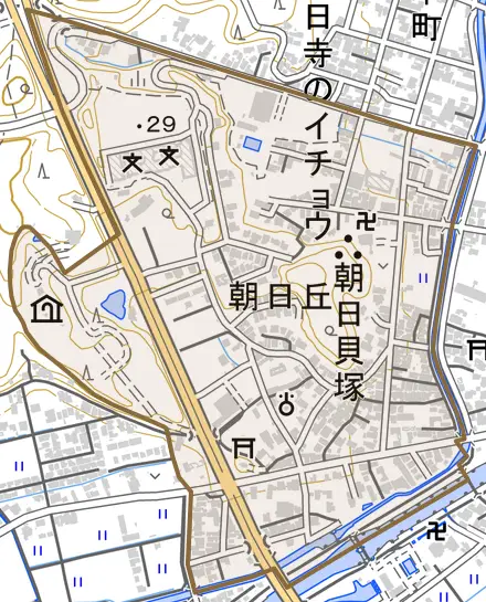 朝日丘とその周辺の地図。町の範囲を重ねている