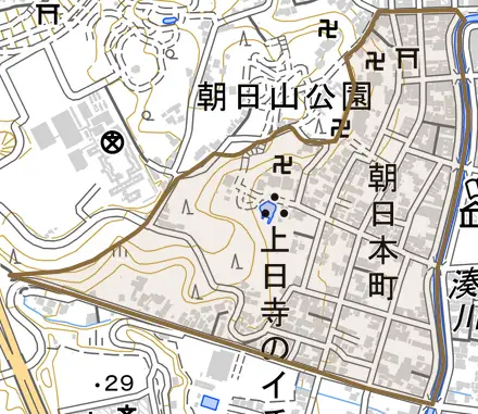 朝日本町とその周辺の地図。町の範囲を重ねている