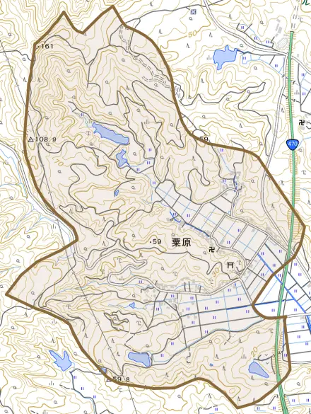 粟原とその周辺の地図。町の範囲を重ねている
