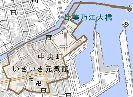 中央町とその周辺の地図。町の範囲を重ねている
