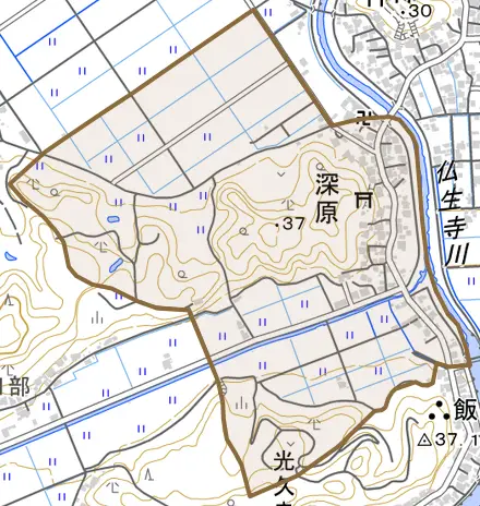 深原とその周辺の地図。町の範囲を重ねている