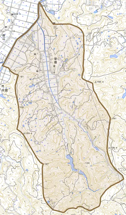 早借とその周辺の地図。町の範囲を重ねている