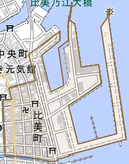比美町とその周辺の地図。町の範囲を重ねている