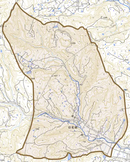 日名田とその周辺の地図。町の範囲を重ねている