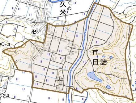 日詰とその周辺の地図。町の範囲を重ねている