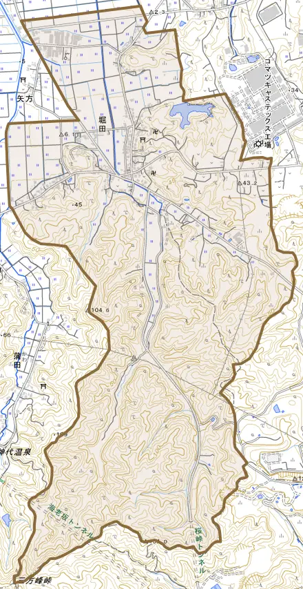 堀田とその周辺の地図。町の範囲を重ねている