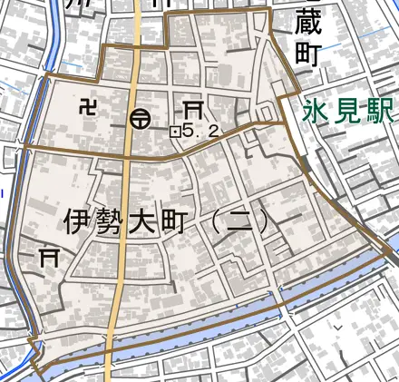伊勢大町とその周辺の地図。町の範囲を重ねている