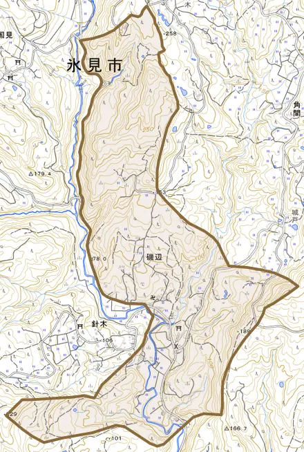 磯辺とその周辺の地図。町の範囲を重ねている