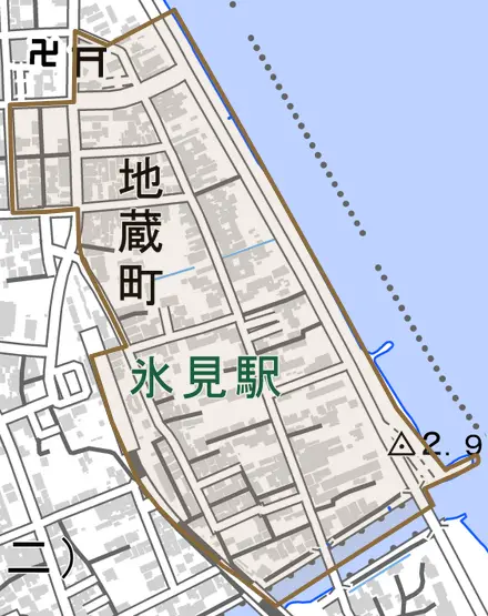 地蔵町とその周辺の地図。町の範囲を重ねている