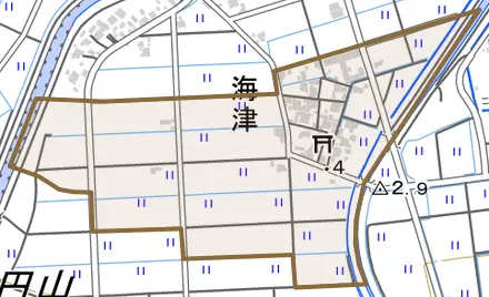 海津とその周辺の地図。町の範囲を重ねている
