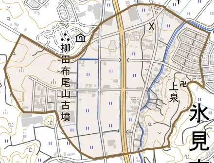 上泉とその周辺の地図。町の範囲を重ねている