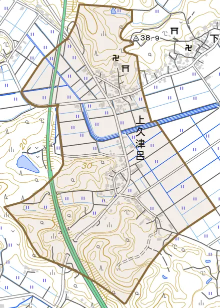 上久津呂とその周辺の地図。町の範囲を重ねている