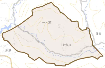 上余川とその周辺の地図。町の範囲を重ねている