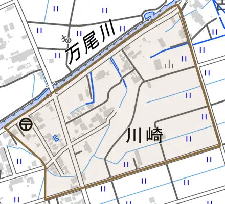 川崎とその周辺の地図。町の範囲を重ねている