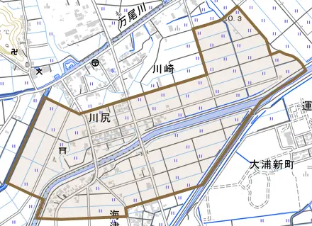 川尻とその周辺の地図。町の範囲を重ねている