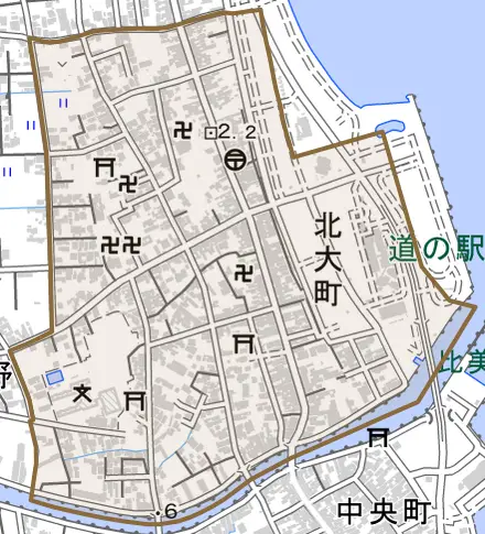 北大町とその周辺の地図。町の範囲を重ねている