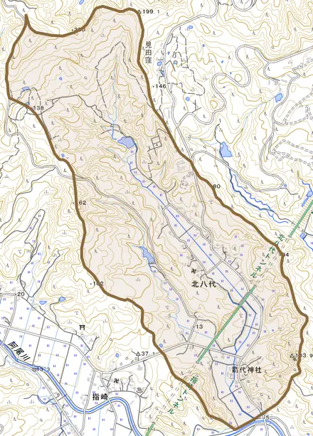 北八代とその周辺の地図。町の範囲を重ねている