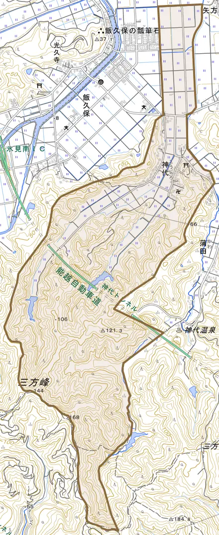 神代とその周辺の地図。町の範囲を重ねている