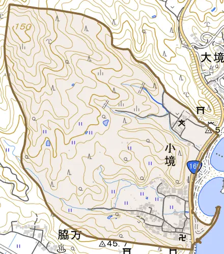 小境とその周辺の地図。町の範囲を重ねている