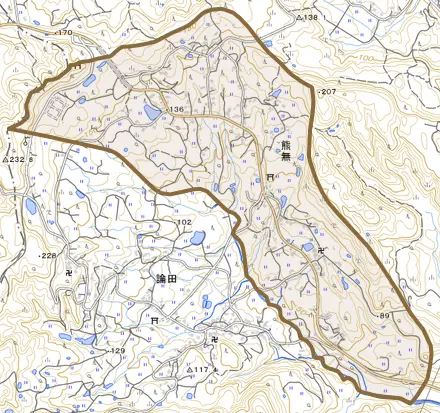 熊無とその周辺の地図。町の範囲を重ねている